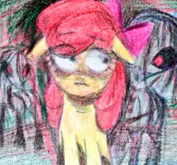 Size: 1024x953 | Tagged: safe, artist:dulcesilly, derpibooru import, apple bloom, earth pony, pony, story of the blanks, crayon drawing, female, filly, foal, image, jpeg, looking sideways, red eyes, scared, shrunken pupils, traditional art