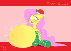 Size: 2800x2000 | Tagged: suggestive, artist:hedgehogstew, derpibooru import, fluttershy, pegasus, pony, abstract background, belly, belly button, belly expansion, big belly, blushing, christmas, cookie, ear blush, eating, floppy ears, food, growth, hat, high res, holiday, huge belly, image, inflation, png, santa hat, solo, squishy, stomach noise, stuffed belly, wavy mouth, worried
