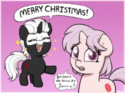 Size: 2148x1594 | Tagged: safe, artist:heretichesh, derpibooru import, oc, oc:red pill, oc:s.leech, unofficial characters only, pony, unicorn, christmas, cute, dialogue, duo, eyes closed, female, filly, foal, gradient background, holiday, image, jpeg, looking at you, merry christmas, open mouth, open smile, out of season, smiling, sparkles, speech bubble, talking to viewer