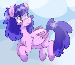 Size: 1253x1086 | Tagged: safe, artist:/d/non, derpibooru import, plumberry, pegasus, flying, image, older, png, pregnant, purple fur, purple hair, sky, unshorn fetlocks