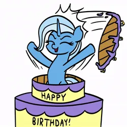 Size: 1150x1150 | Tagged: safe, artist:mkogwheel, derpibooru import, trixie, pony, unicorn, birthday cake, cake, female, food, happy birthday, image, jpeg, mare, open mouth, open smile, popping out of a cake, simple background, smiling, solo, white background