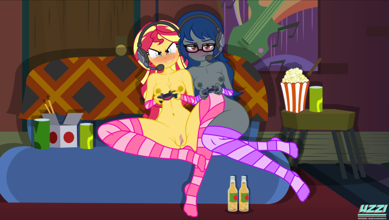 Size: 9000x5100 | Tagged: explicit, artist:uzzi-ponydubberx, sunset shimmer, oc, oc:sweet scribe, equestria girls, breasts, busty sunset shimmer, commission, image, nudity, png, vulva