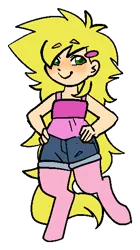 Size: 316x565 | Tagged: safe, artist:/d/non, derpibooru import, oc, oc:sunshine blossom, satyr, blonde hair, blushing, chibi, femboy, hairclip, hand on hip, image, male, parent:sunshine smiles, pink fur, png, simple background, smiling, transparent background