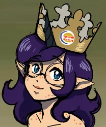 Size: 486x584 | Tagged: safe, artist:/d/non, derpibooru import, oc, oc:mal, unofficial characters only, satyr, acne, blushing, burger king, burger king crown, crown, female, freckles, glasses, horn, image, jewelry, parent:oc:nyx, png, pointed ears, regalia, simple background, smiling