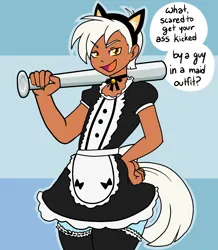 Size: 1546x1772 | Tagged: safe, artist:/d/non, derpibooru import, oc, oc:snapshot, unofficial characters only, satyr, apron, baseball bat, blue fur, cat ears, clothes, collar, crossdressing, fake ears, hand on hip, image, maid, male, open mouth, parent:photo finish, png, simple background, socks, speech bubble, thigh highs, white hair, yellow eyes