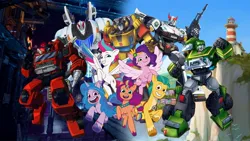 Size: 1920x1080 | Tagged: safe, artist:robertsonskywa1, derpibooru import, hitch trailblazer, izzy moonbow, pipp petals, sunny starscout, zipp storm, my little pony: tell your tale, clash of hasbro's titans, cybertron, g5, hound, image, inferno, jpeg, mane five (g5), maretime bay, photo, prowl, smokescreen, sunstreaker, transformers