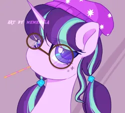 Size: 1380x1245 | Tagged: safe, artist:memengla, derpibooru import, starlight glimmer, pony, unicorn, aside glance, candy, female, food, glasses, hat, image, looking at you, mare, png, round glasses, sideways glance, simple background, watermark