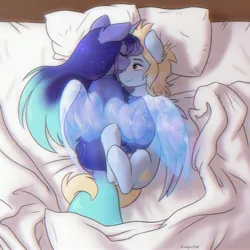 Size: 2776x2776 | Tagged: safe, artist:katputze, derpibooru import, oc, oc:asteria, oc:blue skies, unofficial characters only, pegasus, pony, unicorn, artificial wings, augmented, bed, chromatic aberration, commission, female, forehead kiss, high res, image, intertwined tails, jpeg, kissing, magic, magic wings, male, mare, oc x oc, on bed, overhead view, shipping, stallion, straight, tail, wings