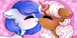 Size: 4000x2000 | Tagged: safe, artist:madelinne, derpibooru import, oc, oc:donut daydream, oc:midnight melody, bat pony, pony, unicorn, cute, donut, food, image, kissing, love, png