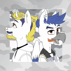 Size: 5000x5000 | Tagged: safe, artist:xasslash, derpibooru import, oc, unofficial characters only, gryphon, unicorn, abstract background, beard, clothes, ear piercing, facial hair, griffon oc, image, male, nose piercing, piercing, png, septum piercing, tongue out, tongue piercing, wreath