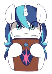 Size: 277x391 | Tagged: safe, artist:maren, derpibooru import, shining armor, pony, unicorn, book, bust, female, gleaming shield, hoof hold, image, png, rule 63, shy, simple background, solo, white background, wide eyes