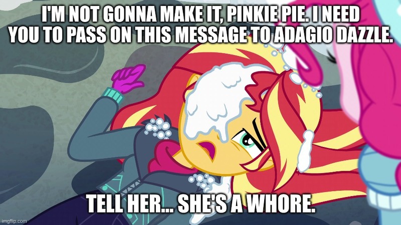 Size: 888x499 | Tagged: safe, derpibooru import, edit, edited screencap, screencap, pinkie pie, sunset shimmer, equestria girls, equestria girls series, holidays unwrapped, spoiler:eqg series (season 2), caption, image, image macro, jpeg, saving pinkie's pie, text, vulgar