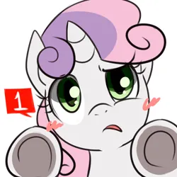 Size: 1000x1000 | Tagged: safe, artist:maren, derpibooru import, sweetie belle, pony, unicorn, blush sticker, blushing, bust, female, filly, foal, fourth wall, image, looking at you, notification, png, portrait, simple background, solo, white background