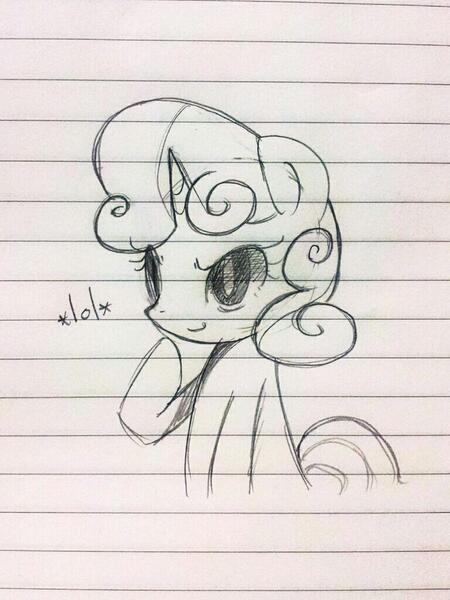 Size: 768x1024 | Tagged: safe, artist:maren, derpibooru import, sweetie belle, pony, unicorn, bust, doodle, female, filly, foal, image, jpeg, lined paper, lol, raised hoof, sitting, smiling, smirk, solo, traditional art