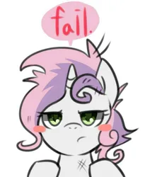 Size: 663x810 | Tagged: safe, artist:maren, derpibooru import, sweetie belle, pony, unicorn, blush sticker, blushing, bust, fail, female, filly, foal, image, jpeg, looking at you, messy mane, portrait, simple background, solo, speech bubble, sweetie fail, unamused, white background