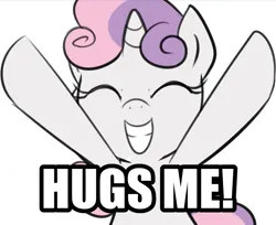 Size: 995x813 | Tagged: safe, artist:maren, derpibooru import, sweetie belle, pony, unicorn, bust, caption, eyes closed, female, filly, foal, grin, hooves up, image, image macro, incoming hug, png, simple background, smiling, solo, text, white background
