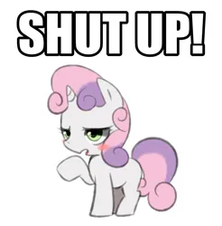 Size: 1317x1339 | Tagged: safe, artist:maren, derpibooru import, sweetie belle, pony, unicorn, blush sticker, blushing, caption, female, filly, foal, image, image macro, open mouth, png, raised hoof, reaction image, shut up, simple background, solo, text, unamused, white background