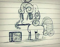 Size: 492x381 | Tagged: safe, artist:maren, derpibooru import, sweetie belle, pony, unicorn, doodle, female, filly, foal, image, jpeg, lined paper, minecraft, mouth hold, pickaxe, smiling, solo, traditional art