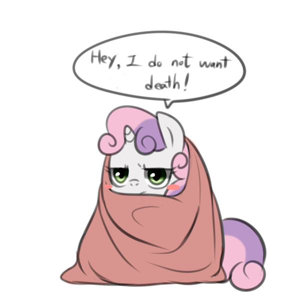 Size: 1456x1480 | Tagged: safe, artist:maren, derpibooru import, sweetie belle, pony, unicorn, blanket, blush sticker, blushing, cute, female, filly, foal, image, png, simple background, solo, speech bubble, unamused, white background, wrapped up