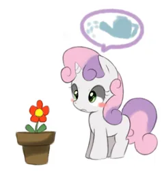 Size: 1245x1313 | Tagged: safe, artist:maren, derpibooru import, sweetie belle, pony, unicorn, blush sticker, blushing, female, filly, flower, flower pot, foal, frown, image, pictogram, png, simple background, solo, watering can, white background