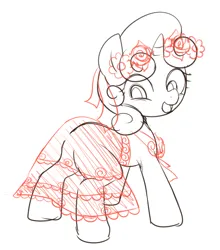 Size: 1237x1408 | Tagged: safe, artist:maren, derpibooru import, sweetie belle, pony, unicorn, butt, clothes, dress, female, filly, floral head wreath, flower, foal, image, looking back, plot, png, rear view, see-through, sketch, solo