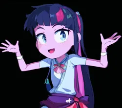 Size: 576x512 | Tagged: safe, derpibooru import, machine learning generated, twilight sparkle, human, equestria girls, :d, anime, black background, female, image, open mouth, open smile, pinegraph, png, simple background, smiling, solo