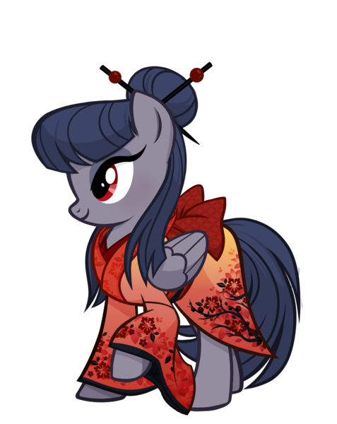 Size: 1832x2302 | Tagged: safe, artist:pandan009, derpibooru import, oc, oc:haisuu gaku, unofficial characters only, pegasus, derpibooru community collaboration, alternate hairstyle, clothes, derpibooru exclusive, hairpin, high res, image, kimono (clothing), pegasus oc, png, ribbon, show accurate, simple background, smiling, solo, transparent background, wings