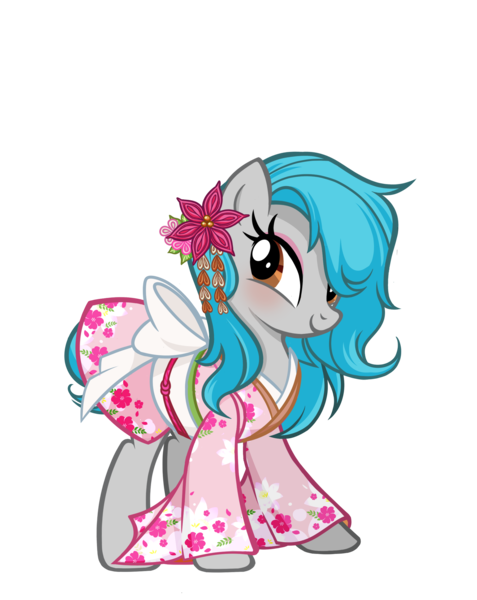 Size: 1832x2302 | Tagged: safe, artist:pandan009, derpibooru import, oc, oc:sweet elis, unofficial characters only, earth pony, derpibooru community collaboration, blushing, clothes, derpibooru exclusive, earth pony oc, flower, high res, image, kimono (clothing), long sleeves, png, ribbon, show accurate, simple background, smiling, solo, transparent background