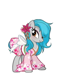 Size: 1832x2302 | Tagged: safe, artist:pandan009, derpibooru import, oc, oc:sweet elis, unofficial characters only, earth pony, derpibooru community collaboration, blushing, clothes, derpibooru exclusive, earth pony oc, flower, high res, image, kimono (clothing), long sleeves, png, ribbon, show accurate, simple background, smiling, solo, transparent background