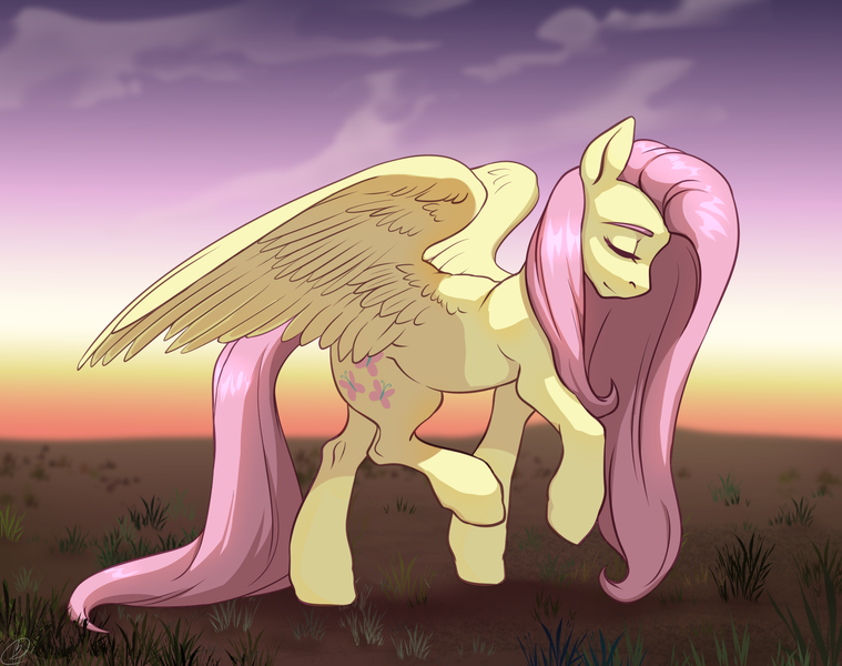 Size: 1890x1494 | Tagged: safe, artist:tigra0118, derpibooru import, fluttershy, pegasus, digital art, eyes closed, image, png, solo, sunset, walking