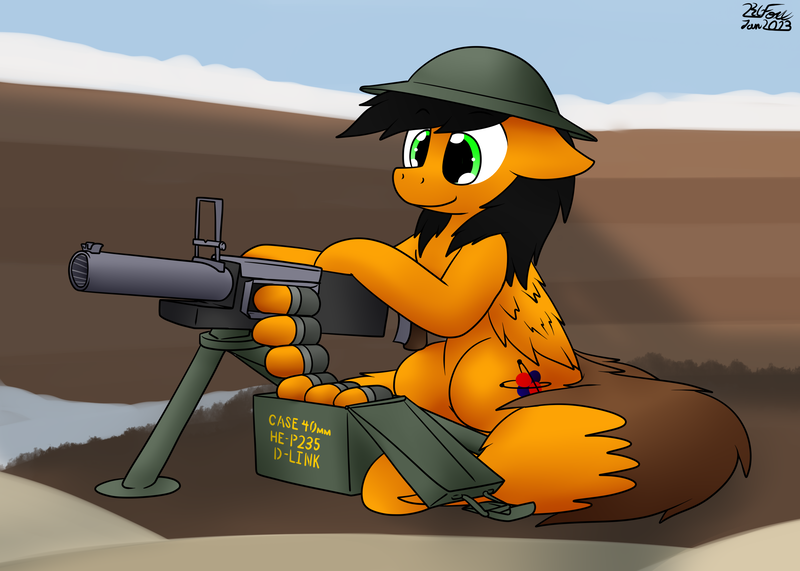 Size: 2553x1821 | Tagged: safe, artist:the-furry-railfan, derpibooru import, oc, oc:twintails, unofficial characters only, pegasus, ammunition, ammunition belt, box, brodie helmet, grenade launcher, gun, helmet, image, machine gun, p 235, png, sandbag, snow, weapon