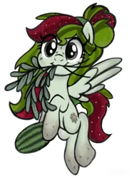Size: 768x1024 | Tagged: safe, artist:sjart117, derpibooru import, oc, oc:watermelana, unofficial characters only, pegasus, pony, :3, colored sketch, female, flying, food, freckles, gradient hooves, herbs, hoof hold, image, looking at you, mare, mouth hold, pegasus oc, png, simple background, solo, watermelon, white background, wings