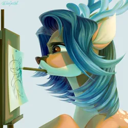 Size: 3000x3000 | Tagged: safe, artist:neonishe, derpibooru import, oc, alicorn, deer, barely pony related, commission, deer oc, horns, image, mouth hold, non-pony oc, pencil, pencil drawing, png, solo, traditional art