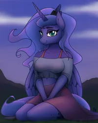 Size: 2000x2500 | Tagged: safe, artist:naen, derpibooru import, princess luna, alicorn, anthro, plantigrade anthro, bare shoulders, belly button, bra, breasts, busty princess luna, clothes, cute, female, happy, image, looking at you, lunabetes, midriff, off shoulder, png, scenery, shirt, sitting, skirt, smiling, solo, underwear