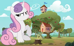 Size: 1920x1200 | Tagged: safe, artist:bitterplaguerat, artist:kojibiose, derpibooru import, sweetie belle, pony, unicorn, apple, apple tree, clubhouse, crusaders clubhouse, female, food, giant pony, giantess, image, jpeg, macro, mare, older, older sweetie belle, raised hoof, sitting, solo, sweetie belle is not amused, tree, tree stump, unamused