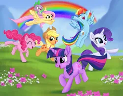 Size: 4177x3270 | Tagged: safe, artist:greenbrothersart, derpibooru import, applejack, fluttershy, pinkie pie, rainbow dash, rarity, spike, twilight sparkle, dragon, earth pony, pegasus, pony, unicorn, ^^, cute, dashabetes, diapinkes, dragons riding ponies, eyes closed, featured image, female, field, flower, flying, image, jackabetes, mane seven, mane six, mare, mountain, open mouth, open smile, png, rainbow, raribetes, rearing, riding, river, running, scenery, shyabetes, smiling, spikabetes, spike riding fluttershy, stream, twiabetes, unicorn twilight, water