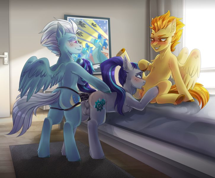 Size: 2300x1900 | Tagged: explicit, artist:serodart, derpibooru import, fleetfoot, spitfire, oc, oc:silver coil, pegasus, pony, unicorn, anal insertion, balls, bed, blushing, butt, canon x oc, cunnilingus, female, female on male, femdom, ffm threesome, grin, group sex, high res, horn, image, insertion, male, mare, nudity, oral, partially open wings, pegging, penis, plot, png, ponytail, precum, reasonably sized genitals, reasonably sized penis, sex, sex toy, sitting, smiling, stallion, straight, strapon, threesome, trio, unicorn oc, wings, wonderbolts poster