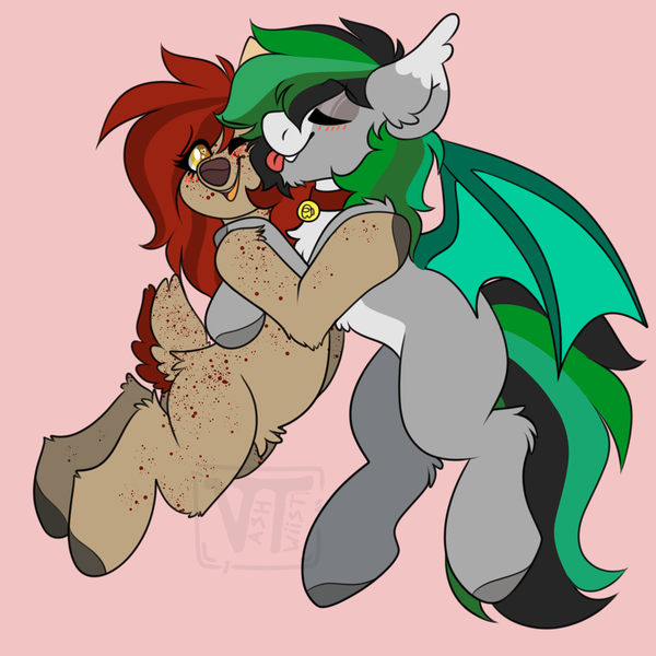 Size: 1500x1500 | Tagged: safe, artist:vashtwiist, derpibooru import, oc, oc:frieda, oc:geo, bat pony, deer, collar, image, licking, png, tongue out