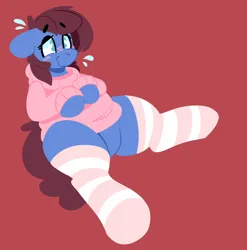 Size: 2564x2596 | Tagged: suggestive, alternate version, artist:myahster, derpibooru import, oc, oc:bizarre song, unofficial characters only, pony, clothes, commission, femboy, flustered, image, male, png, socks, solo, striped socks, sweater