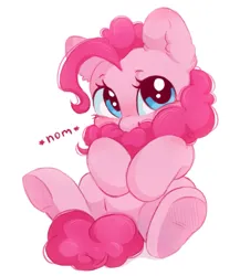 Size: 925x1064 | Tagged: safe, artist:melodylibris, derpibooru import, pinkie pie, earth pony, pony, biting, cute, diapinkes, female, image, jpeg, looking at you, nom, simple background, sitting, solo, tail, tail bite, white background