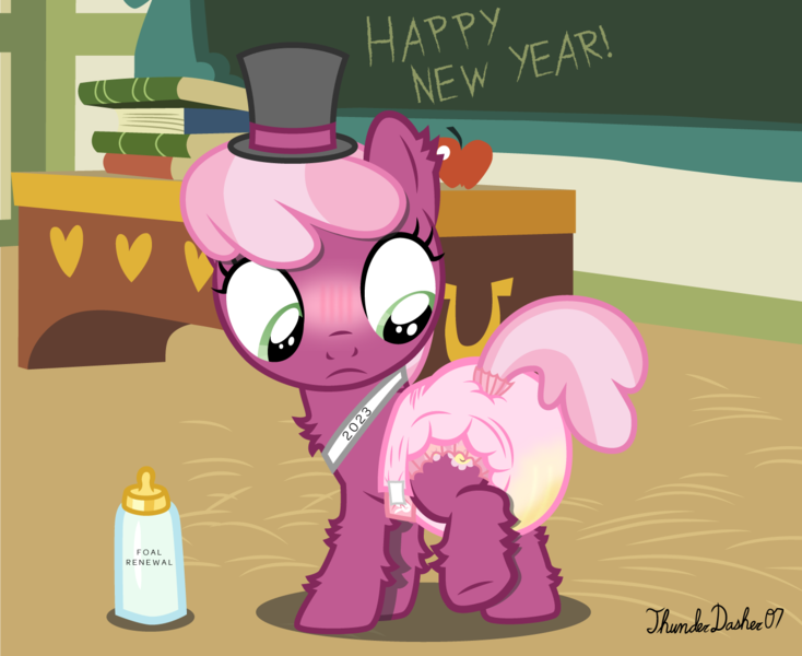 Size: 1357x1110 | Tagged: questionable, alternate version, artist:thunderdasher07, derpibooru import, cheerilee, earth pony, age regression, apple, baby bottle, baby new year, blushing, book, chalkboard, chest fluff, classroom, desk, diaper, diaper fetish, ear fluff, fetish, filly cheerilee, food, hat, image, leg fluff, non-baby in diaper, peeing in diaper, pissing, png, ponyville schoolhouse, poofy diaper, raised leg, raised tail, sash, solo, tail, top hat, urine, wet diaper, wetness indicator, wetting