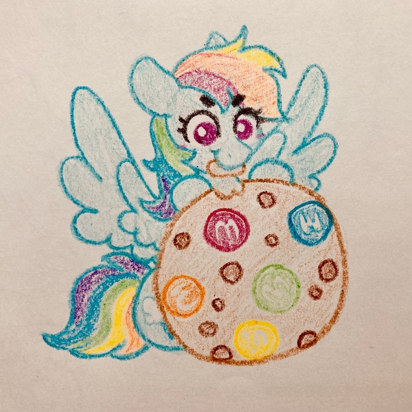 Size: 2782x2782 | Tagged: safe, artist:pink-pone, derpibooru import, rainbow dash, pony, blush sticker, blushing, chocolate, cookie, crayon drawing, cute, dashabetes, eye clipping through hair, eyebrows, eyebrows visible through hair, food, image, jpeg, m&m's, solo, spread wings, traditional art, wings