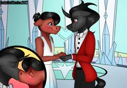 Size: 8000x5500 | Tagged: safe, artist:emilywulfstudios, derpibooru import, part of a set, king sombra, oc, oc:benjamin terrance tover, anthro, anthro oc, clothes, crossdressing, crystal empire, crystal heart, dress, eyes closed, gay, image, kiss on the lips, kissing, male, marriage, png, wedding, wedding dress