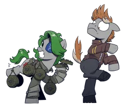 Size: 2600x2200 | Tagged: safe, artist:wandrevieira1994, derpibooru import, oc, oc:radan, oc:twisted gears, unofficial characters only, earth pony, pony, fallout equestria, clothes, commission, eyepatch, grin, image, landmine, png, scared, smiling, standing up, this will end in death