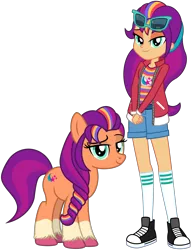 Size: 7521x9844 | Tagged: safe, artist:emeraldblast63, derpibooru import, sunny starscout, earth pony, human, pony, equestria girls, clothes, coat markings, confident, equestria girls-ified, eyebrows, female, g4, g5, g5 to equestria girls, g5 to g4, generation leap, human ponidox, image, jacket, looking at you, mare, png, raised eyebrow, self paradox, self ponidox, shoes, smiling, socks, socks (coat marking), sunglasses, sunglasses on head, unshorn fetlocks
