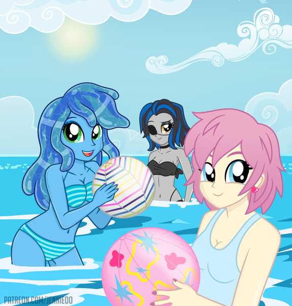 Size: 900x943 | Tagged: safe, artist:jennieoo, derpibooru import, oc, oc:gentle star, oc:ocean soul, oc:shadow dweller, equestria girls, beach, beach ball, bikini, clothes, cute, eyepatch, happy, image, looking at you, ocean, png, smiling, smiling at you, smirk, story, story included, summer, swimming, swimsuit, water