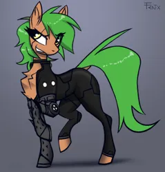 Size: 1520x1591 | Tagged: safe, artist:fenixdust, oc, oc:fokienia, unofficial characters only, pony, fanfic:cypress zero, amputee, augmented, bodysuit, chest fluff, clothes, cybernetic legs, ear fluff, female, gradient background, image, mare, png, prosthetic leg, prosthetic limb, prosthetics, raised leg, seams, signature, solo