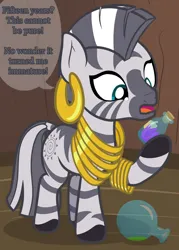 Size: 1064x1482 | Tagged: safe, artist:nitei, derpibooru import, zecora, zebra, age regression, atg 2022, bottle, bracelet, dialogue, ear piercing, earring, expiration date, female, filly, filly zecora, foal, herbs, image, jewelry, looking at something, magical mishap, neck rings, newbie artist training grounds, open mouth, piercing, png, potion, rhyme, show accurate, solo, speech bubble, surprised, too big, younger