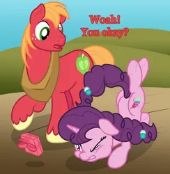 Size: 1950x2000 | Tagged: safe, artist:nitei, derpibooru import, big macintosh, sugar belle, earth pony, pony, unicorn, atg 2022, bouncing, butt, concerned, dialogue, duo, faceplant, falling, female, floppy ears, gritted teeth, image, looking at someone, male, mare, newbie artist training grounds, one eye closed, open mouth, ouch, plot, png, present, pun, raised hoof, shipping, show accurate, solo, stallion, straight, sugarmac, teeth, tripping, underhoof, visual pun