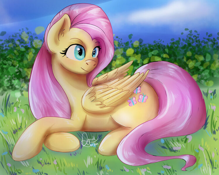 Size: 1024x820 | Tagged: safe, artist:xxdarickxx, derpibooru import, fluttershy, pegasus, pony, eyelashes, female, image, jpeg, looking back, lying down, mare, outdoors, prone, signature, smiling, solo, wings